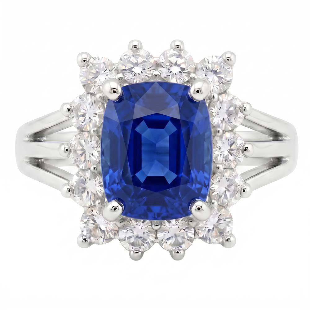 White Gold Sri Lanka Sapphire Cushion Natural Earth Mined Diamond ( Not Lab Grown ) s Ring 6 Ct