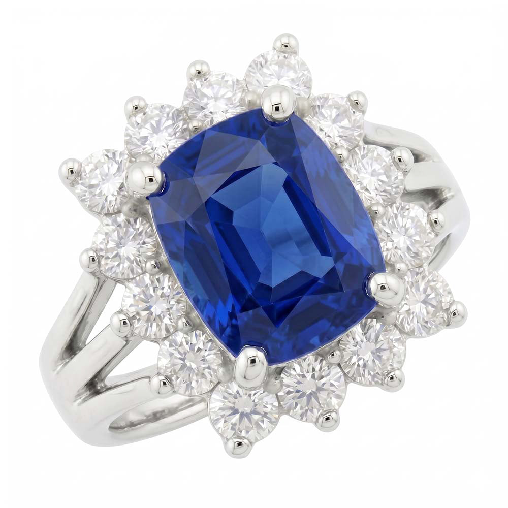 White Gold Sri Lanka Sapphire Cushion Natural Earth Mined Diamond ( Not Lab Grown ) s Ring 6 Ct