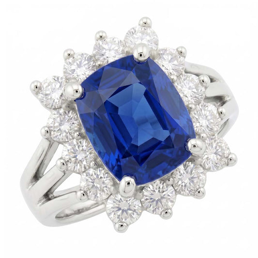 White Gold Sri Lanka Sapphire Cushion Natural Earth Mined Diamond ( Not Lab Grown ) s Ring 6 Ct