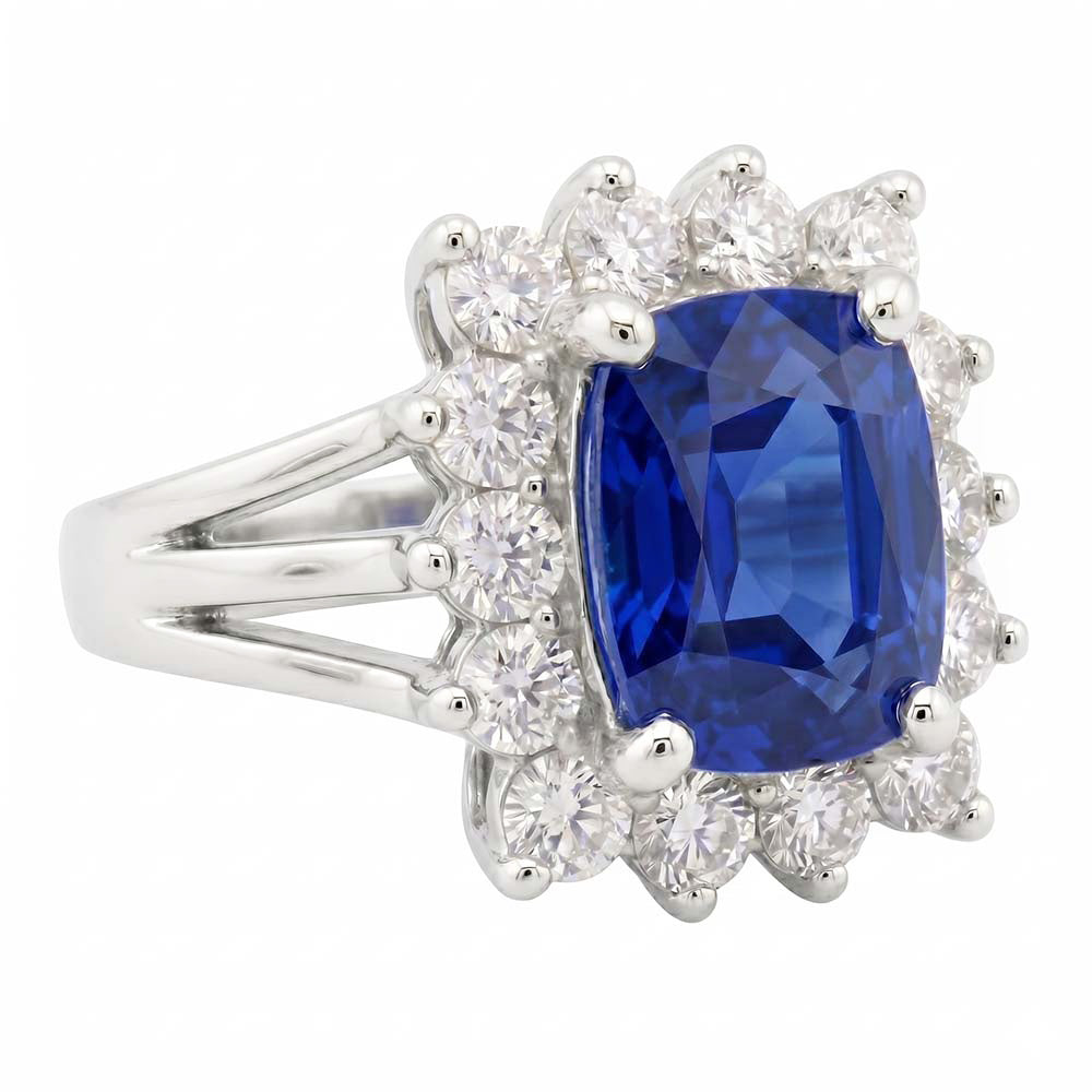 White Gold Sri Lanka Sapphire Cushion Natural Earth Mined Diamond ( Not Lab Grown ) s Ring 6 Ct