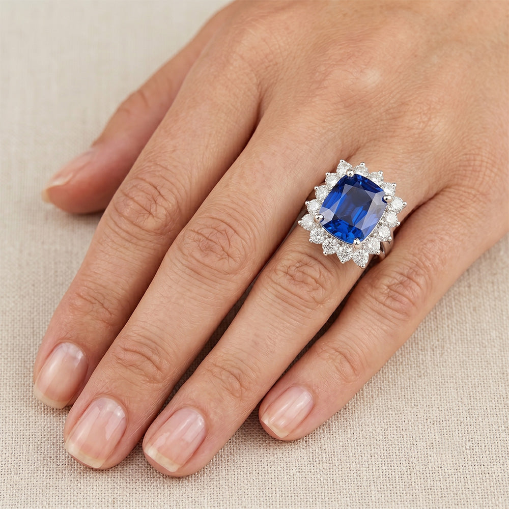 White Gold Sri Lanka Sapphire Cushion Natural Earth Mined Diamond ( Not Lab Grown ) s Ring 6 Ct