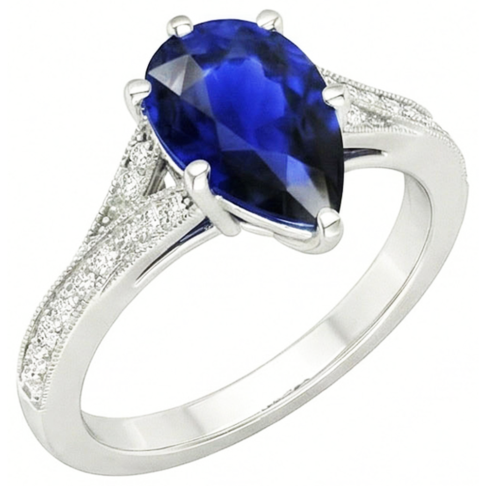 White Gold Sri Lankan Sapphire Ring Pear & Round Natural Earth Mined Diamond ( Not Lab Grown )s 4 Carats