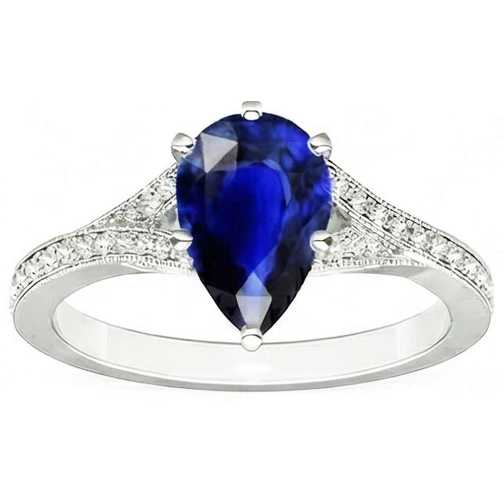 White Gold Sri Lankan Sapphire Ring Pear & Round Natural Earth Mined Diamond ( Not Lab Grown )s 4 Carats