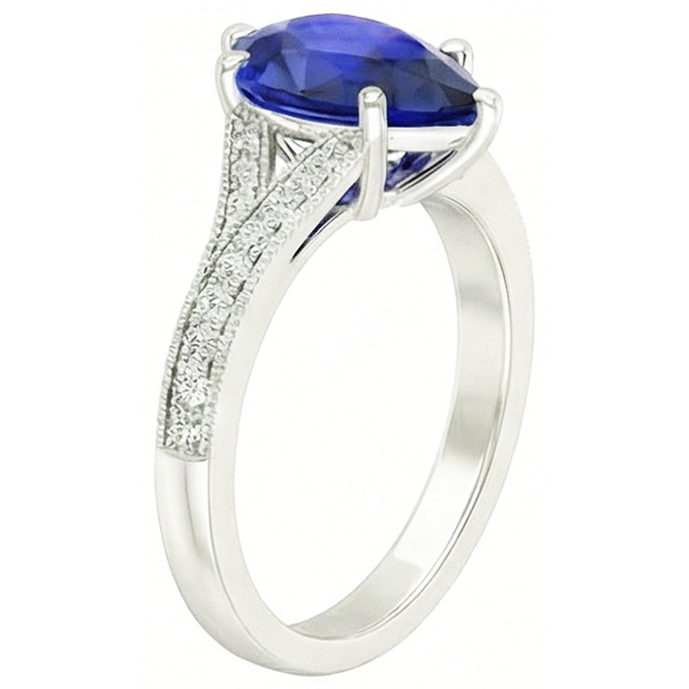 White Gold Sri Lankan Sapphire Ring Pear & Round Natural Earth Mined Diamond ( Not Lab Grown )s 4 Carats