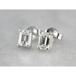 White Gold 14K  1 Carats Emerald Cut Natural Diamond Women Stud Earring