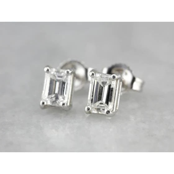 White Gold 14K  1 Carats Emerald Cut Natural Diamond Women Stud Earring