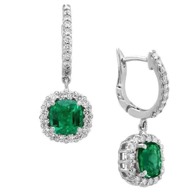 White Gold 14K Cushion Green Emerald Halo Diamonds 5 Ct. Drop Earring