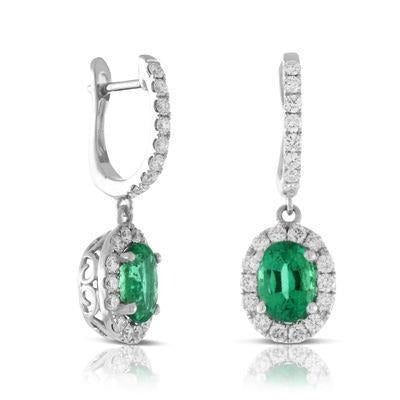 White Gold 14K Lady Dangle Earrings 6.28 Ct Green Emerald And Diamonds