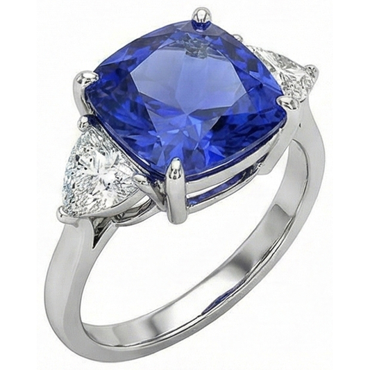 White Gold Cushion Ceylon Blue Sapphire Natural Earth Mined Diamond ( Not Lab Grown ) 3 Carats 3-Stone Ring