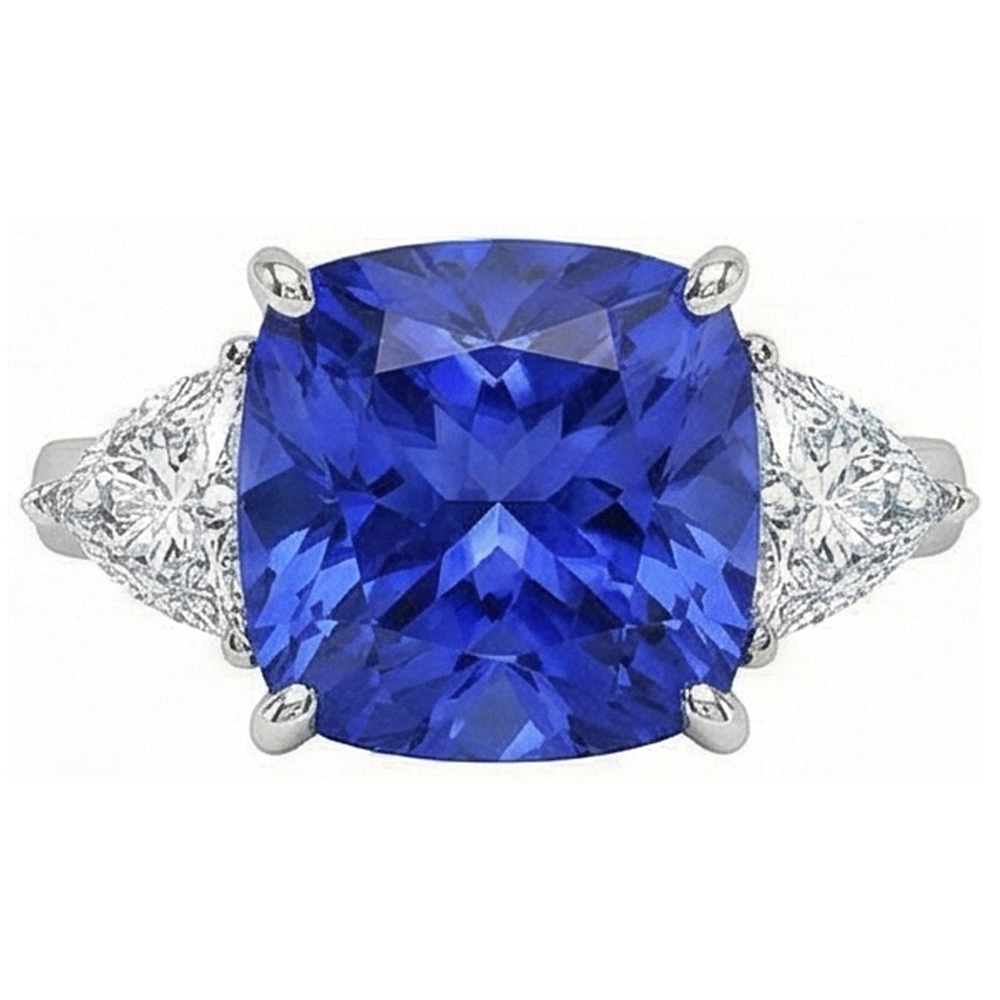 White Gold Cushion Ceylon Blue Sapphire Natural Earth Mined Diamond ( Not Lab Grown ) 3 Carats 3-Stone Ring