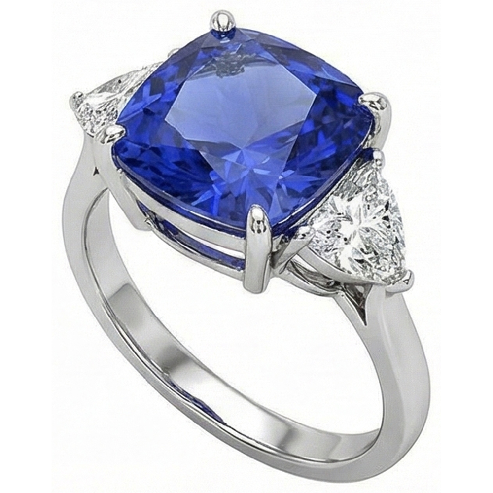 White Gold Cushion Ceylon Blue Sapphire Natural Earth Mined Diamond ( Not Lab Grown ) 3 Carats 3-Stone Ring