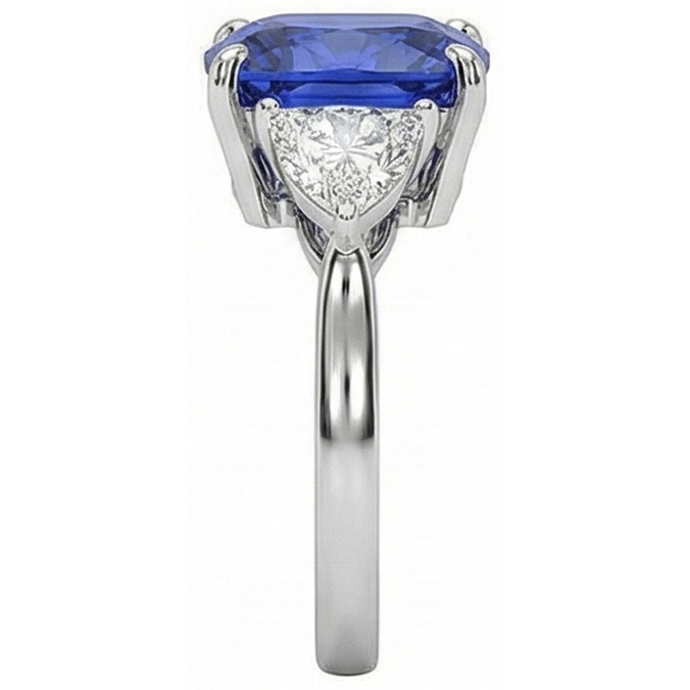 White Gold Cushion Ceylon Blue Sapphire Natural Earth Mined Diamond ( Not Lab Grown ) 3 Carats 3-Stone Ring