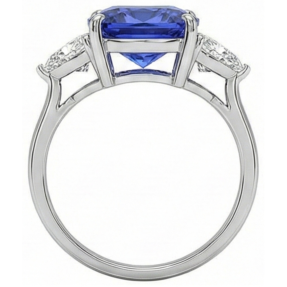 White Gold Cushion Ceylon Blue Sapphire Natural Earth Mined Diamond ( Not Lab Grown ) 3 Carats 3-Stone Ring