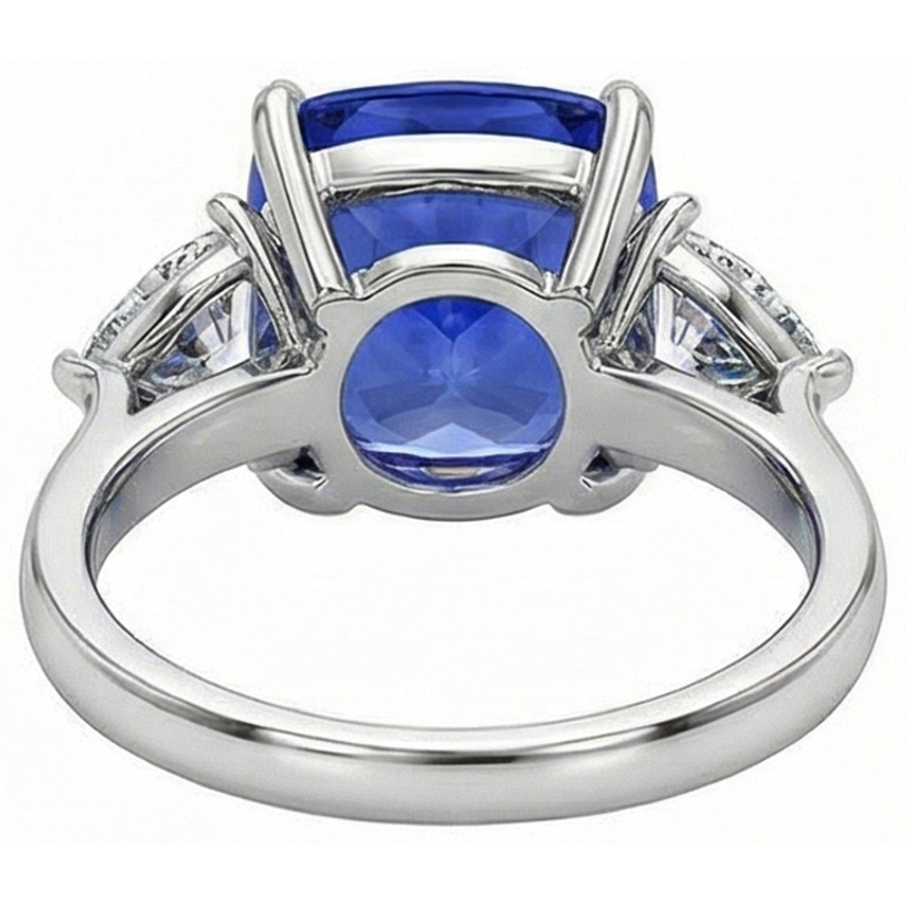 White Gold Cushion Ceylon Blue Sapphire Natural Earth Mined Diamond ( Not Lab Grown ) 3 Carats 3-Stone Ring