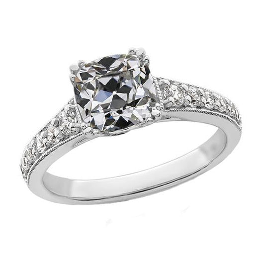 White Gold Cushion Old Miner Natural Diamond Lady’s Ring Triple Prong Set 3.75 Carats