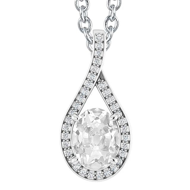 White Gold Genuine Diamond Pendant Oval Old Cut 6 Carats Slide Prong Set