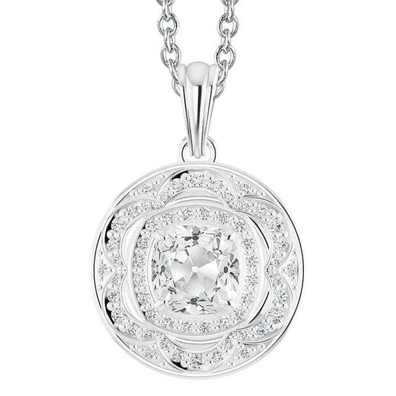White Gold Halo Genuine Diamond Pendant Cushion Old Miner With Bail 5 Carats