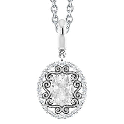 White Gold Halo Real Diamond Pendant Oval Old Mine Cut 3 Carats With Chain