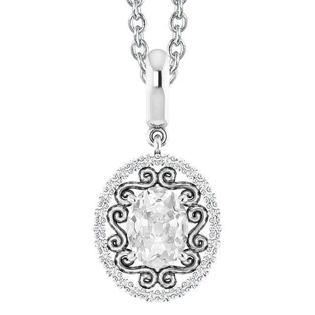 White Gold Halo Real Diamond Pendant Oval Old Mine Cut 3 Carats With Chain