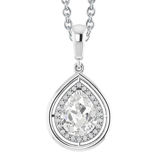 White Gold Halo Real Diamond Pendant Round & Pear Old Mine Cut 3 Carats