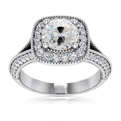 White Gold Halo Ring Real Cushion Old Cut Natural Earth Mined Diamonds 5.75 Carats Milgrain