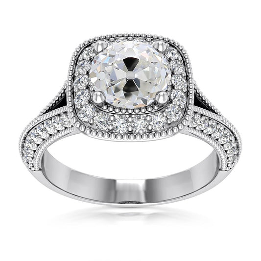 White Gold Halo Ring Real Cushion Old Cut Diamonds 5.75 Carats Milgrain