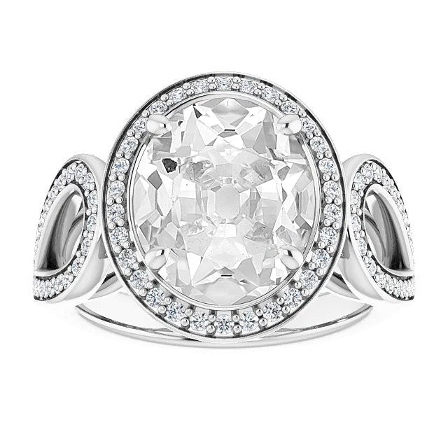 White Gold Halo Ring Real Oval Old Miner Diamond Split Shank 9.75 Carats