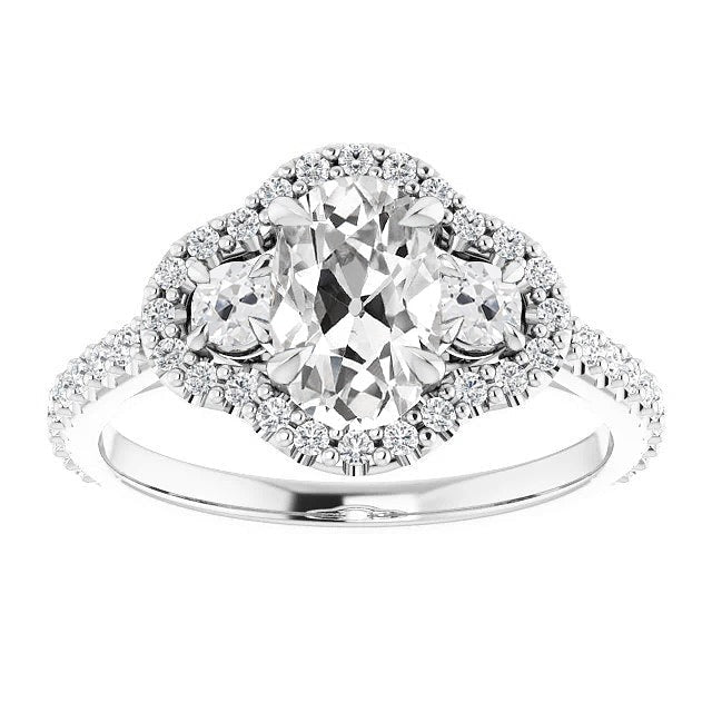 White Gold Halo Round & Oval Old Mine Cut Real Diamond Ring 7.75 Carats