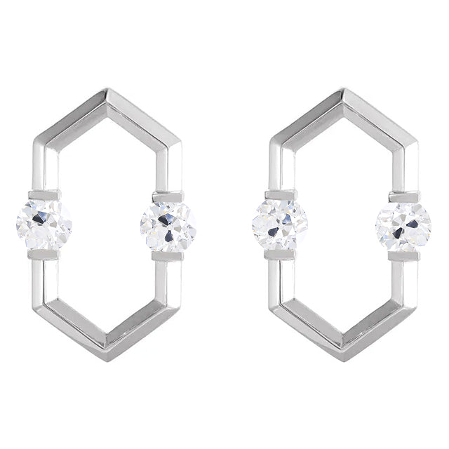 White Gold Hexagon Real Diamond Stud Earrings 2 Carats Round Old Miner