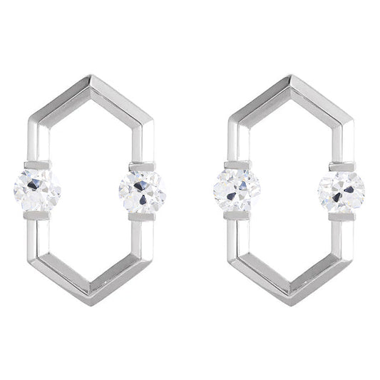 White Gold Hexagon Real Diamond Stud Earrings 2 Carats Round Old Miner