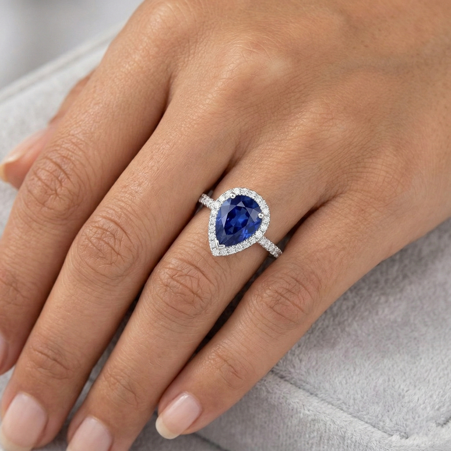 White Gold Jewelry 3.25 Carats Pear Natural Earth Mined Diamond ( Not Lab Grown )  And Sapphire Ring