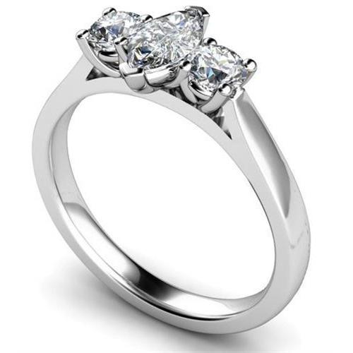 White Gold Marquise And Round Cut 2 Carats Real Diamonds Three Stone Ring