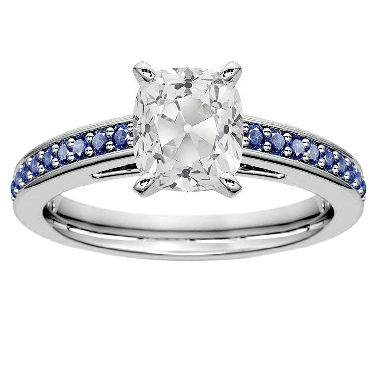 White Gold Old Cut Cushion Real Diamond Ring Round Sapphire 5.25 Carats