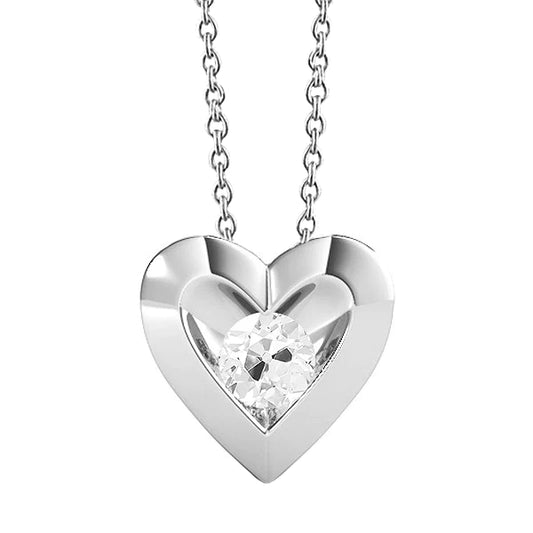 White Gold Real Diamond Heart Pendant With Chain Round Old Cut 1 Carat