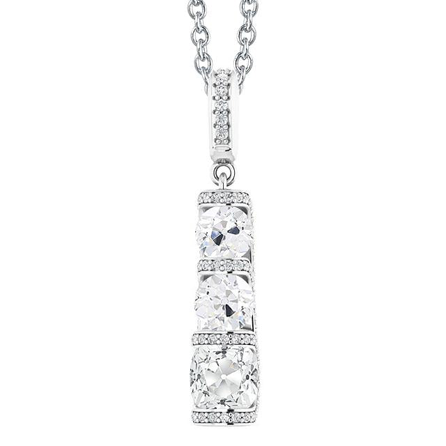 White Gold Real Diamond Pendant 3 Stone Style Cushion Old Miner 5 Carats