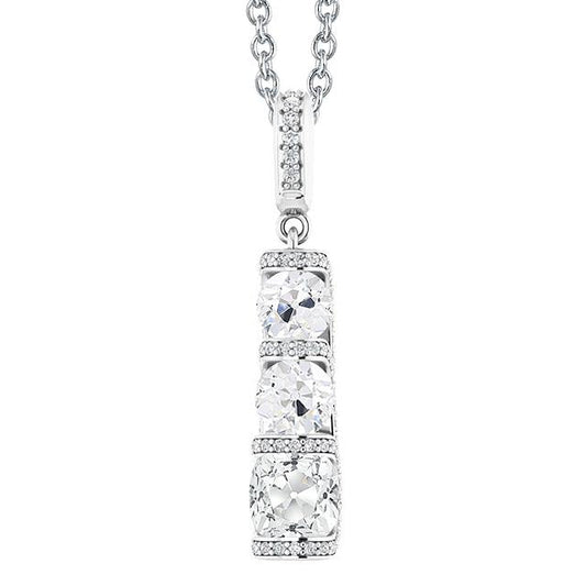 White Gold Real Diamond Pendant 3 Stone Style Cushion Old Miner 5 Carats