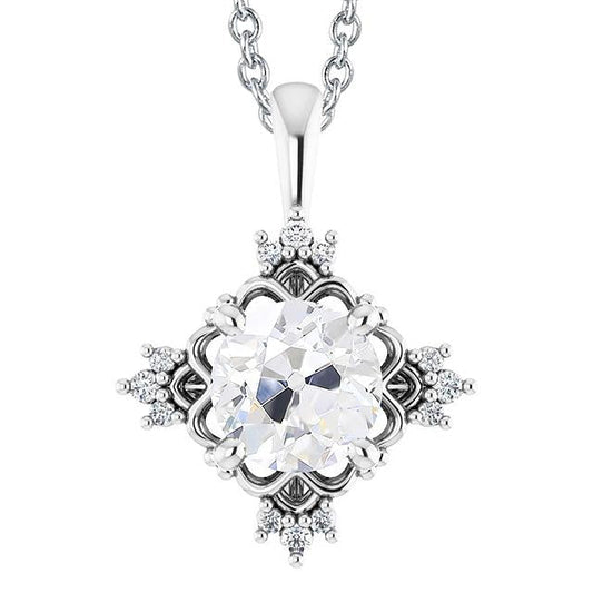 White Gold Real Diamond Pendant Old Mine Cut 3 Carats Star Style 14K