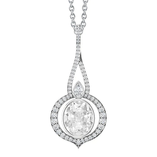 White Gold Real Diamond Pendant Oval Old Cut Bezel Set 3.50 Carats