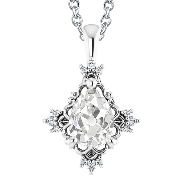 White Gold Real Diamond Pendant Pear Old Miner 3.50 Carats Prong Setting