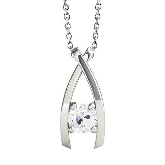 White Gold Real Diamond Pendant Prong Set Round Old Miner V Shape 1 Carat