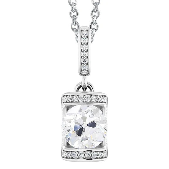 White Gold Real Diamond Pendant With Chain Round Old Cut Bar Set 3 Carats