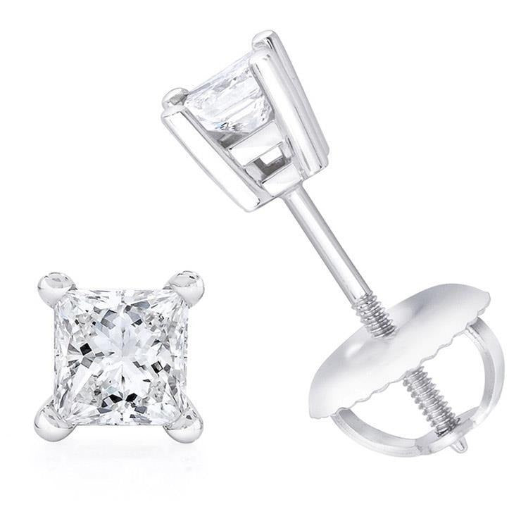 White Gold Real Princess Cut 4 Carats Diamonds Ladies Studs Earrings