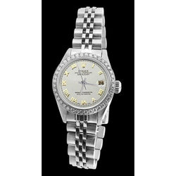 White Roman Dial Rolex Ladies Bracelet Date Just Diamond Bezel