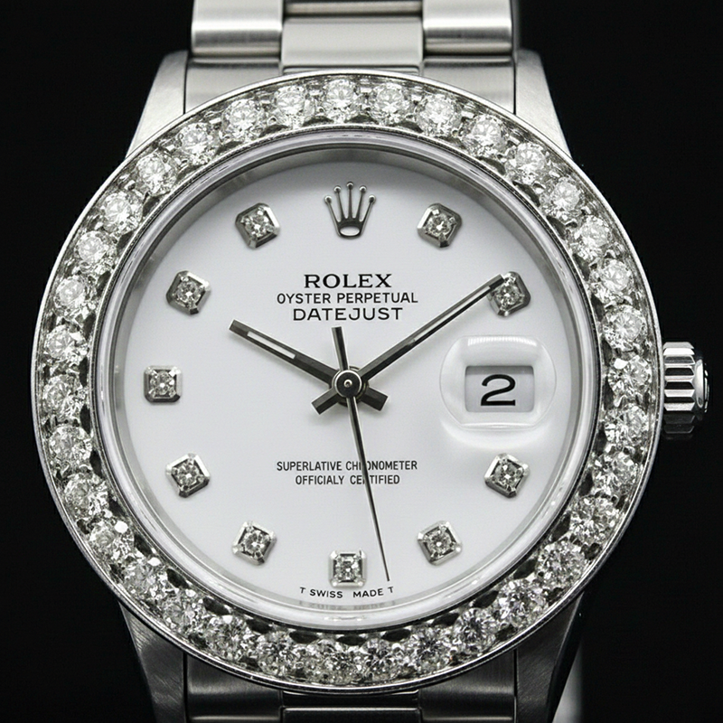 White Dial Custom Natural Earth Mined Diamond Big Bezel Rolex Dj Watch Stainless Steel