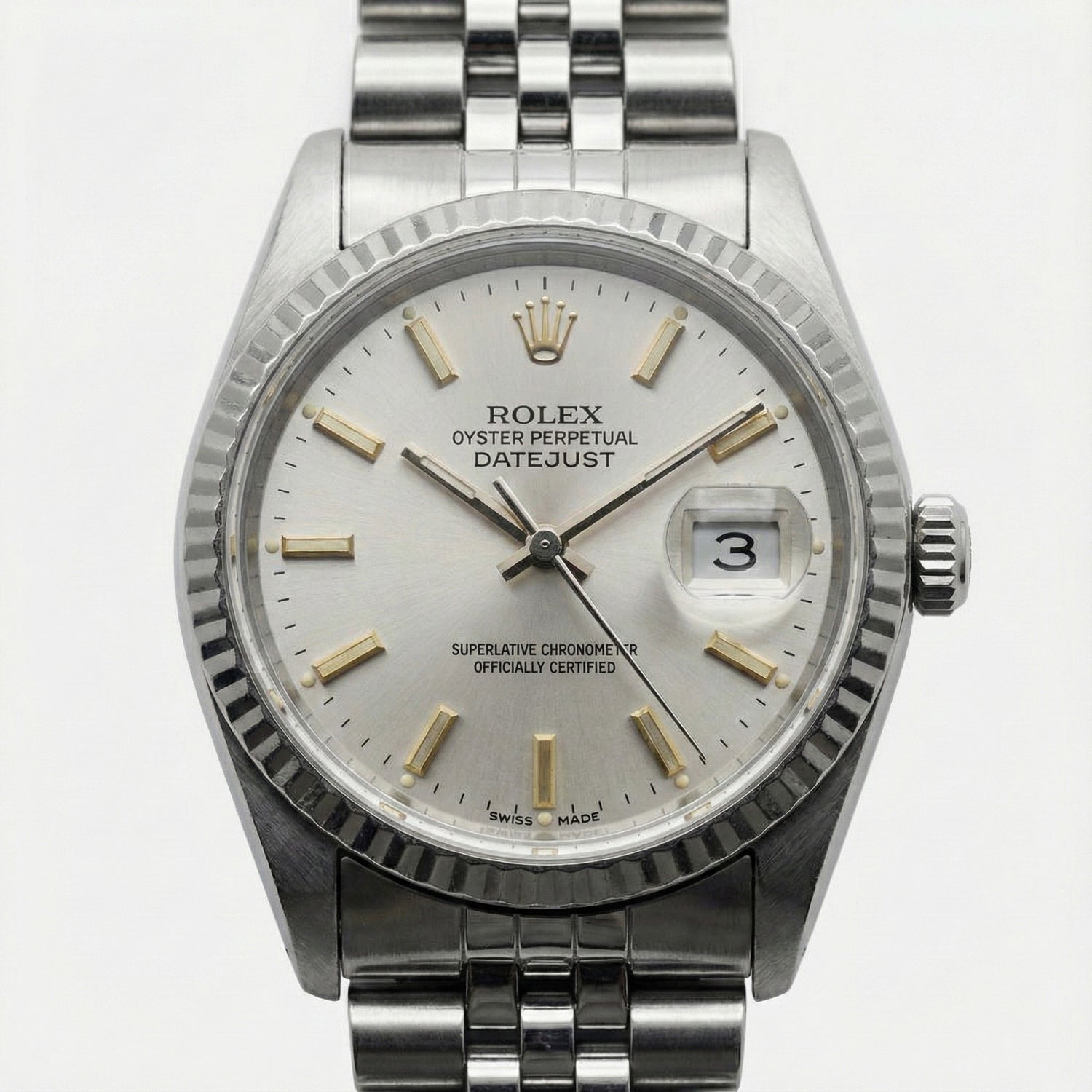 White Luminous Dial Rolex Date Just Ss Watch Fluted Bezel Datejust