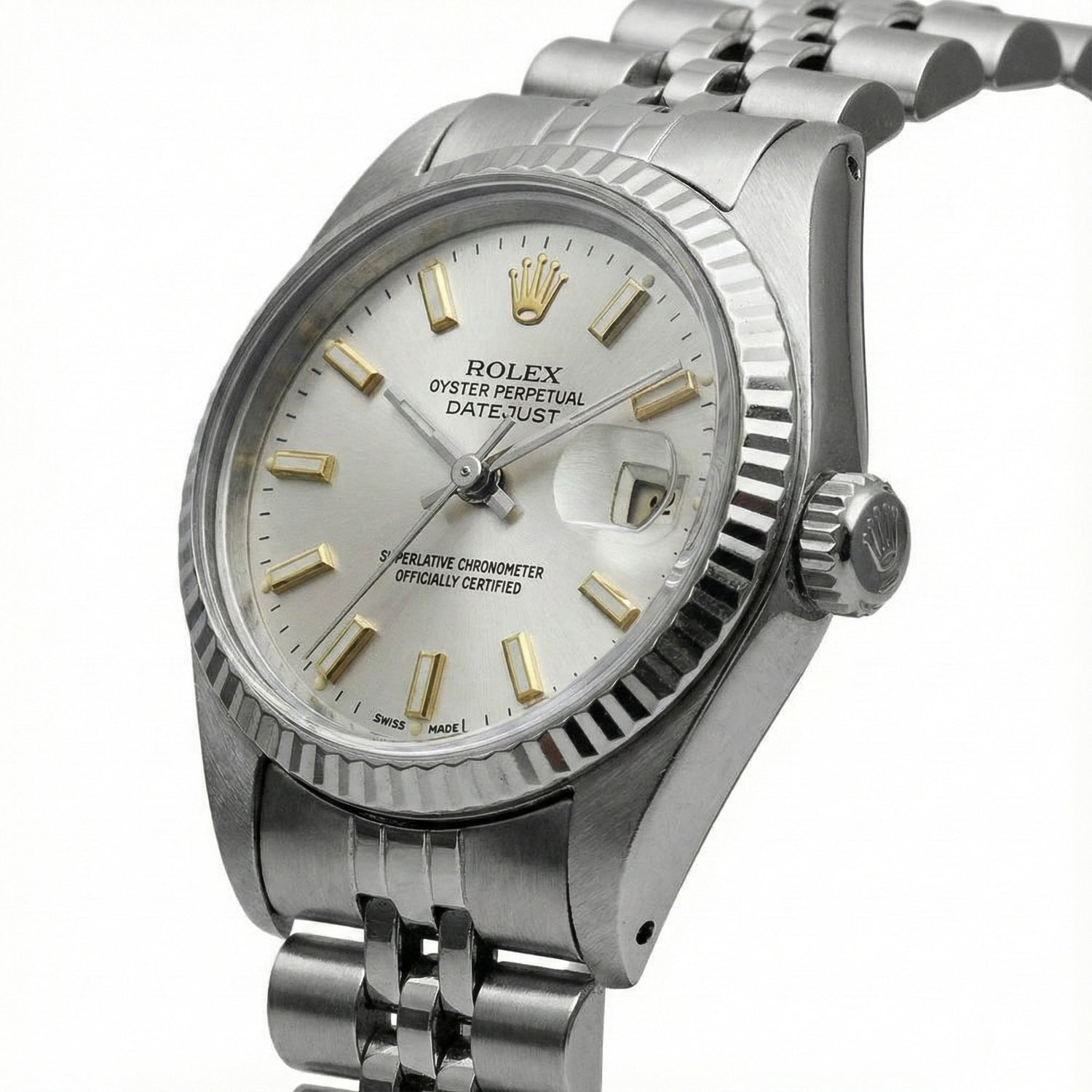 White Luminous Dial Rolex Date Just Ss Watch Fluted Bezel Datejust