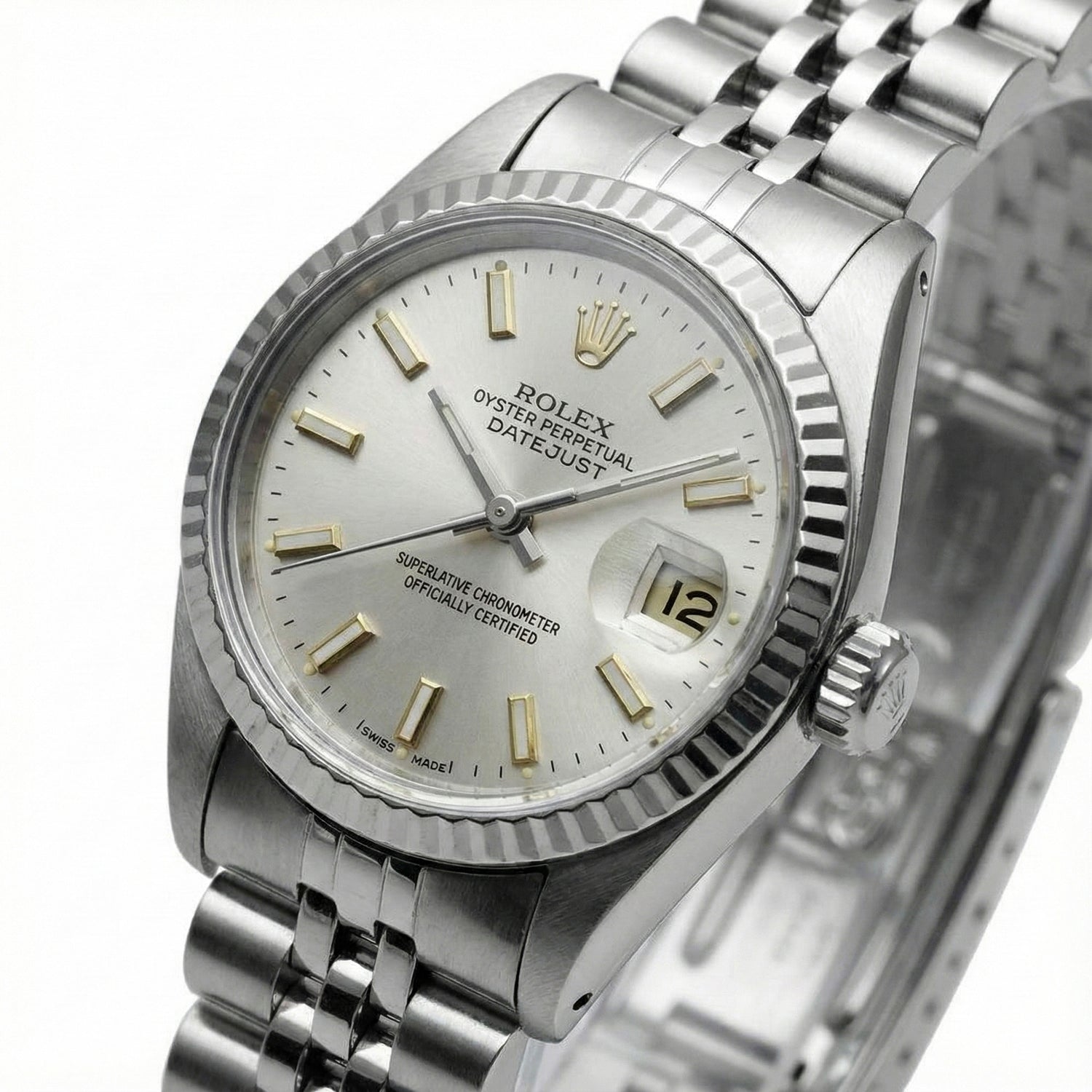 White Luminous Dial Rolex Date Just Ss Watch Fluted Bezel Datejust
