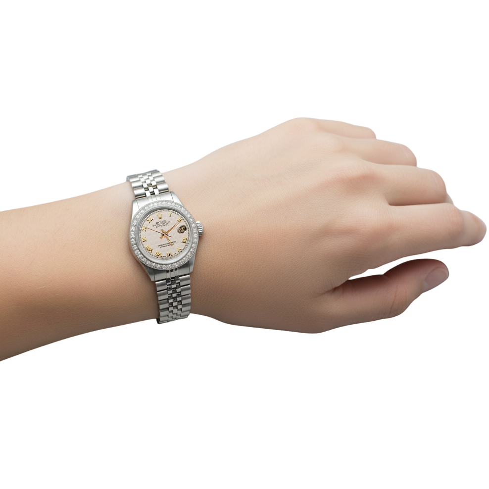 White Roman Dial Date Just Diamond Bracelet Rolex Ladies Watch P1