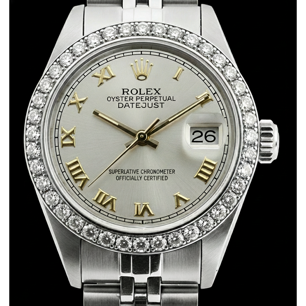 White Roman Dial Rolex Ladies Bracelet Date Just Diamond Bezel