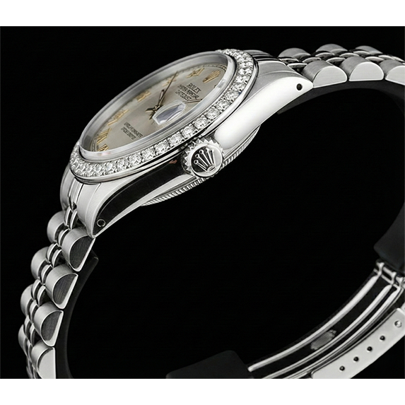 White Roman Dial Rolex Ladies Bracelet Date Just Diamond Bezel